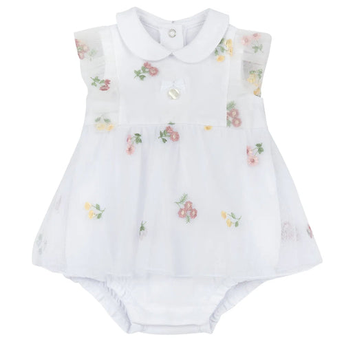 Girls White and Pink Embroidered Romper