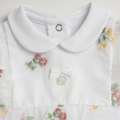 Girls White and Pink Embroidered Romper