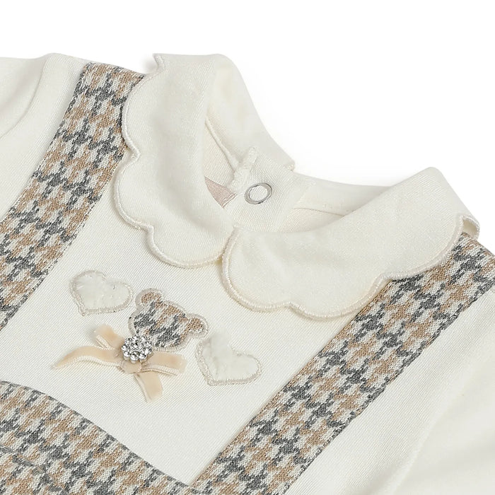 Girls White & Beige Checked Dress