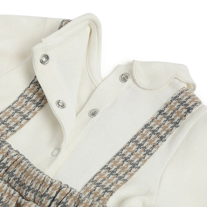 Girls White & Beige Checked Dress