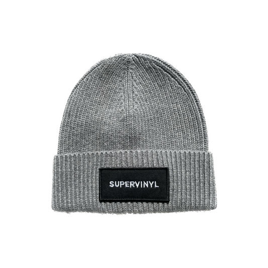 Grey Cashmere Beanie with Black Patch
