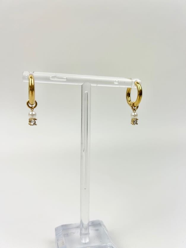 Jo Pearl/Rhinestone Huggies Earrings in at Wrapsody