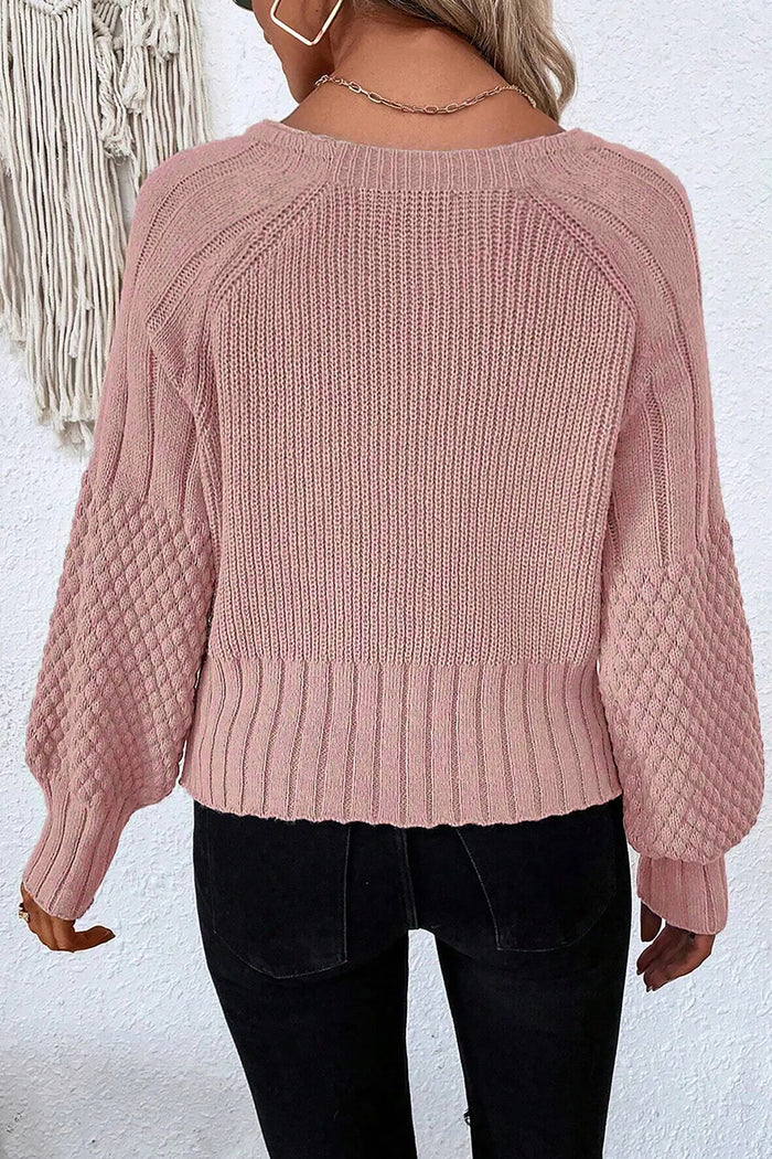 Light Pink Mixed Texture Knit Button V Neck Sweater Cardigan 🇺🇸