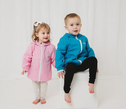 Lightweight personalised rain coat, pink and blue, zip-up hooded toddler jackets.