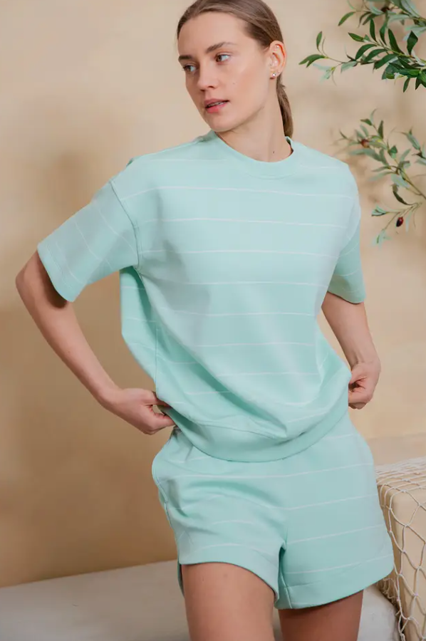 Modal Crewneck Soft Mint Stripe Top Activewear in S at Wrapsody