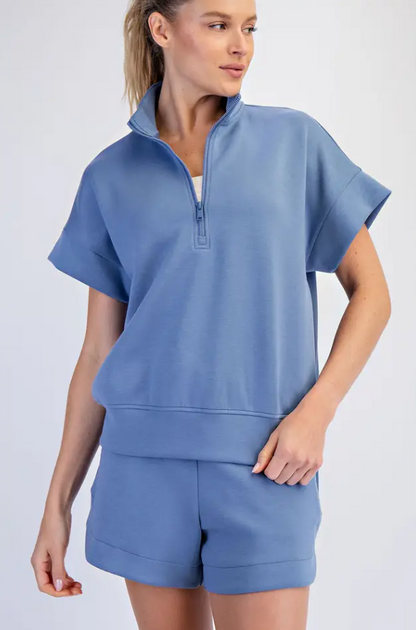 Modal Paradise Blue Quarter Zip Pullover - Extended Size Activewear in 1XL at Wrapsody