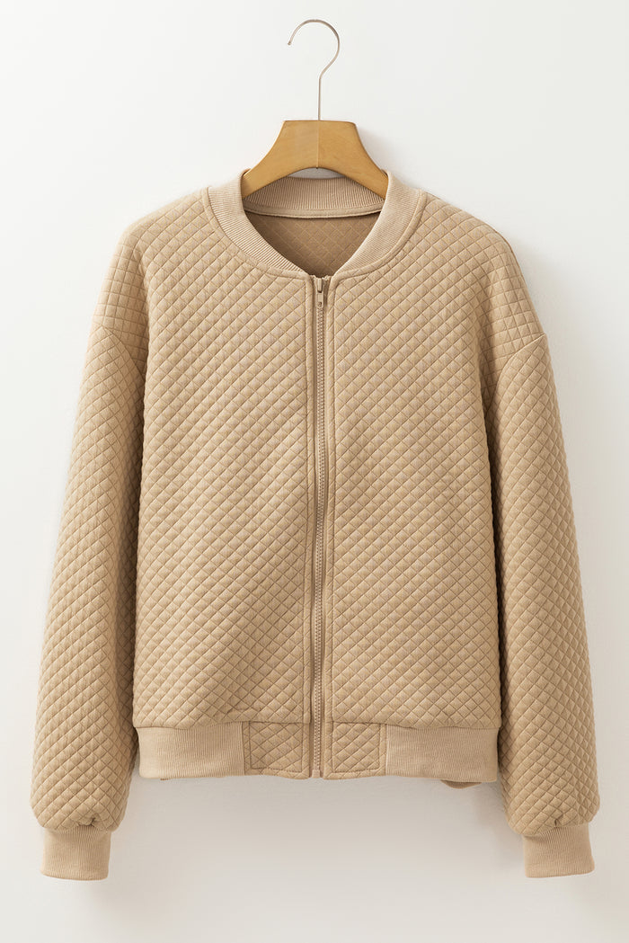 Pale Khaki Solid Geometric Textured Baseball Collar Jacket 🇺🇸