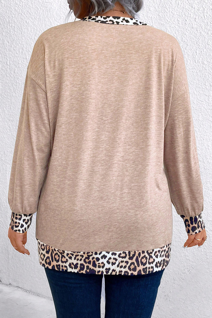 Parchment Leopard Patchwork V Neck Long Sleeve Plus Size Top 🇺🇸
