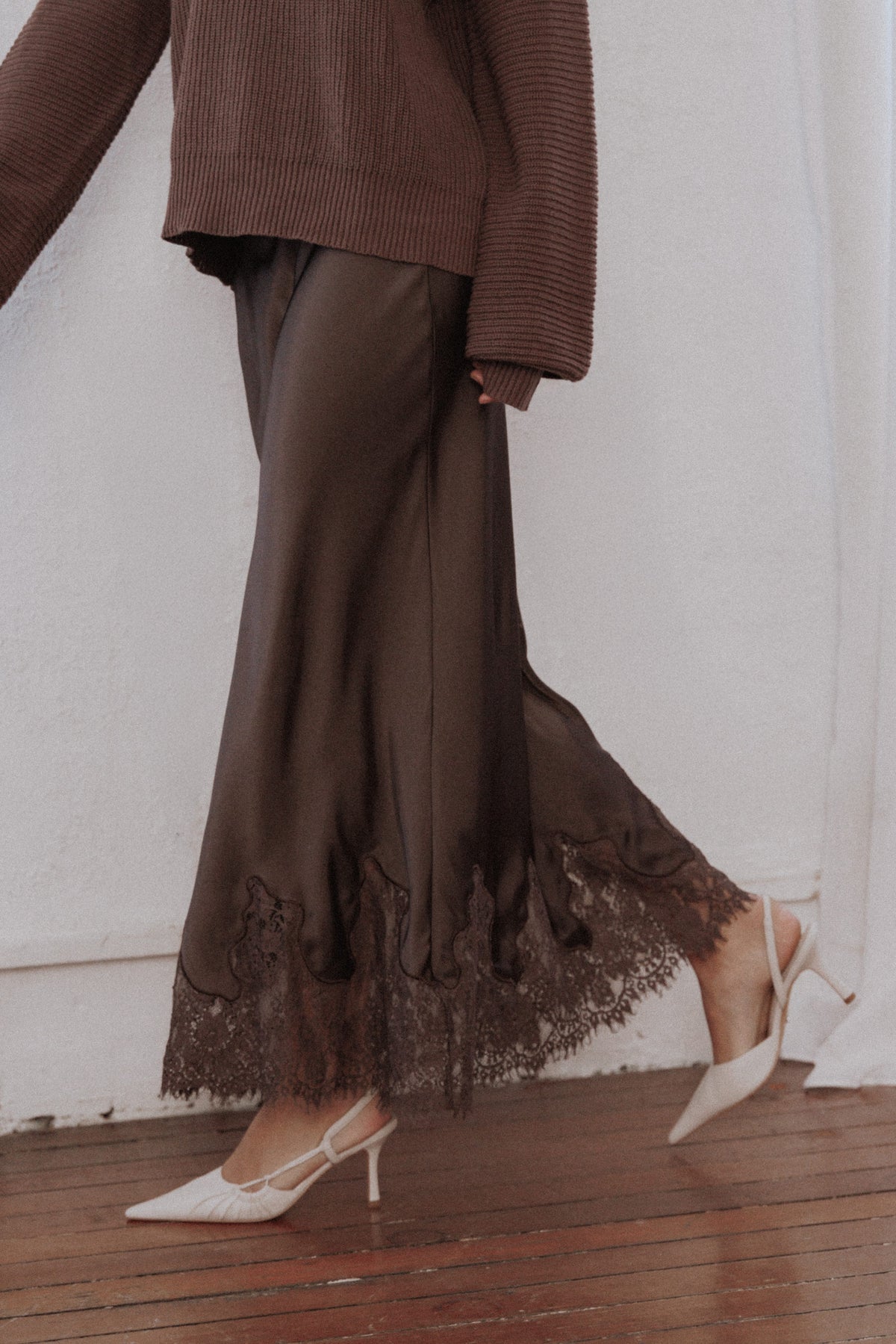 Alira Lace Trim Midi Skirt - Brown