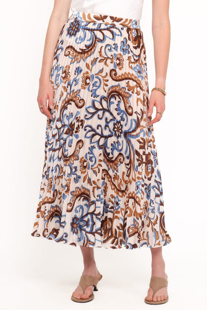 Aoife Pleated Midi Skirt - Ivory Brown Blue