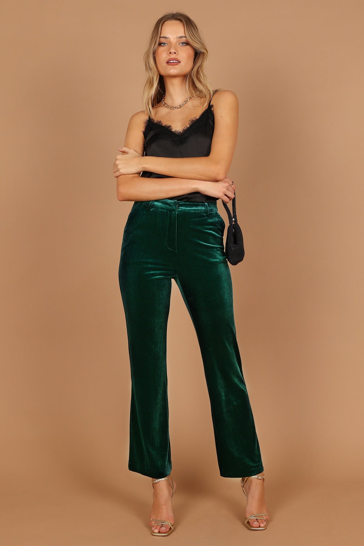 Darla Velvet Wide Leg Pants - Hunter Green