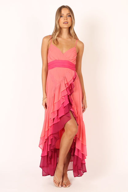 BomBon Tiered Maxi Dress - Coral Hot Pink