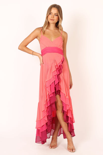 BomBon Tiered Maxi Dress - Coral Hot Pink