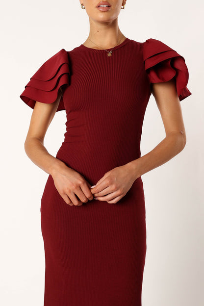 Cally Ruffle Sleeve Midi Dress - Wine