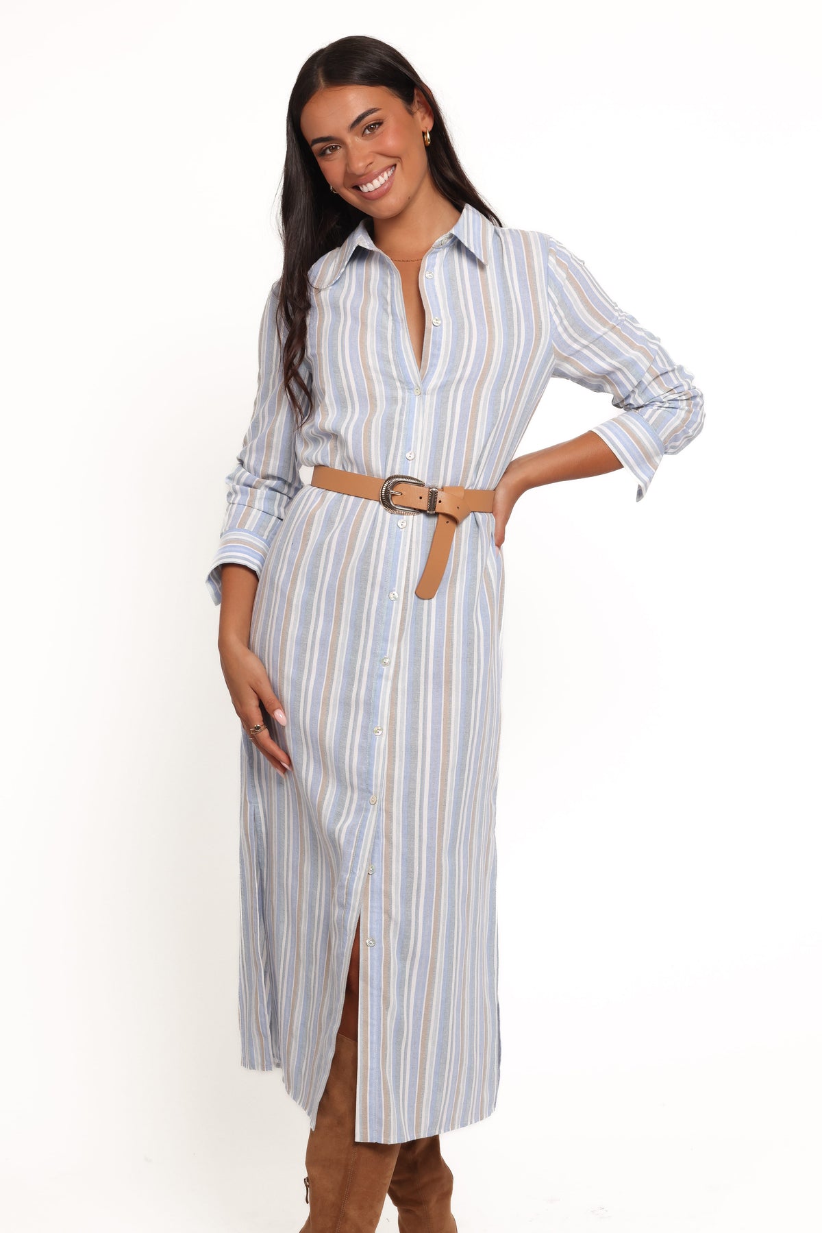 Caprice Long Sleeve Button Down Maxi Dress - Blue Stripe