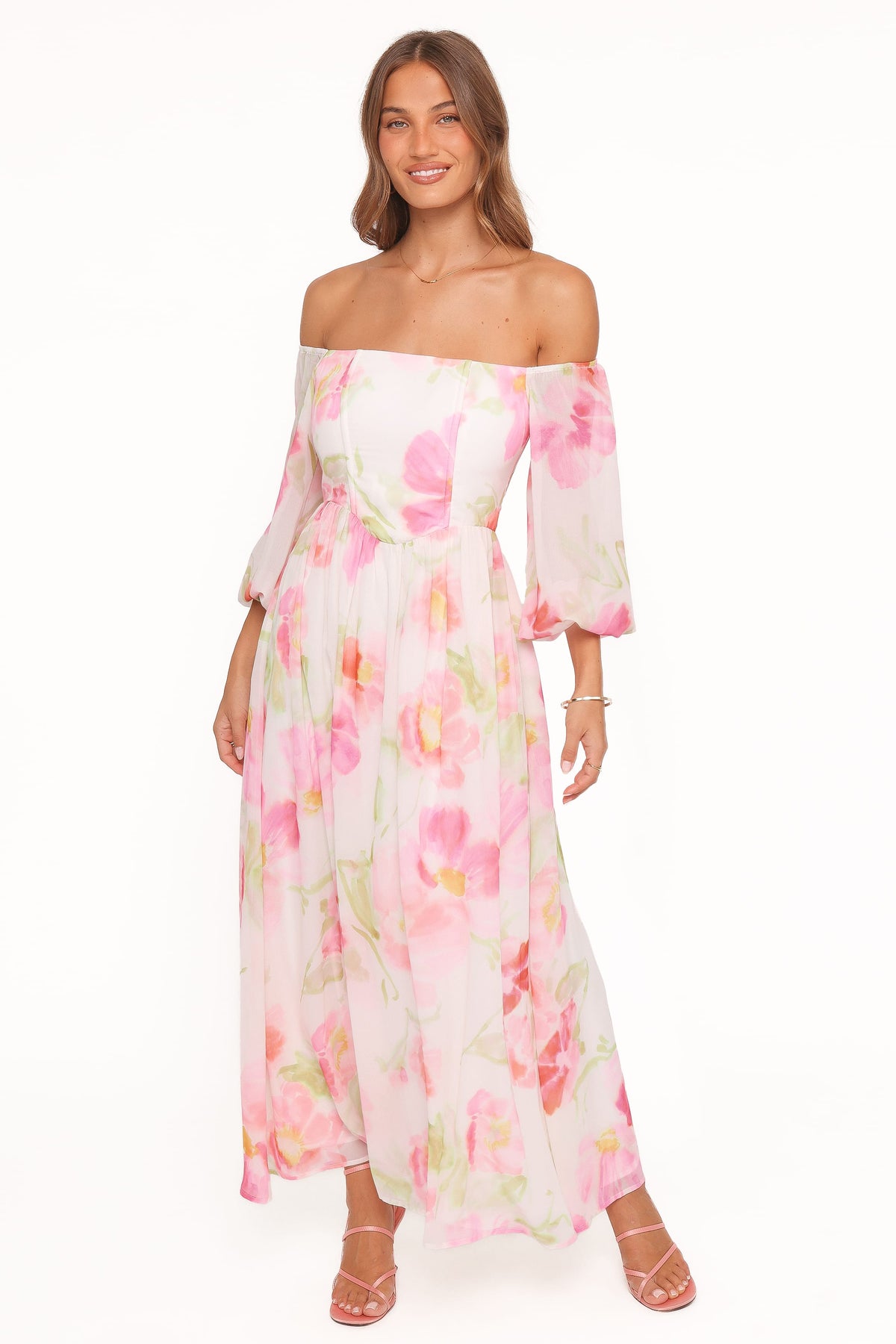Chantel Off Shoulder Maxi Dress - Pink Garden Floral