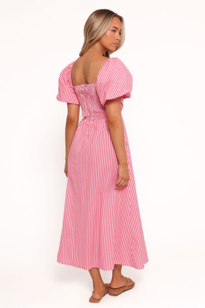 Chlo Puff Sleeve Midi Dress - Red Stripe