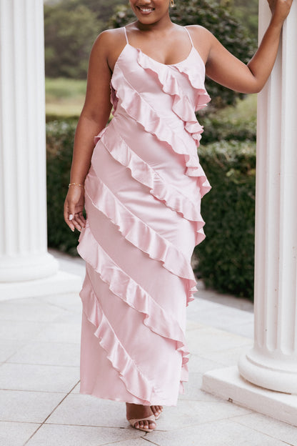 Ciao Ruffles Maxi Satin Dress - Pink