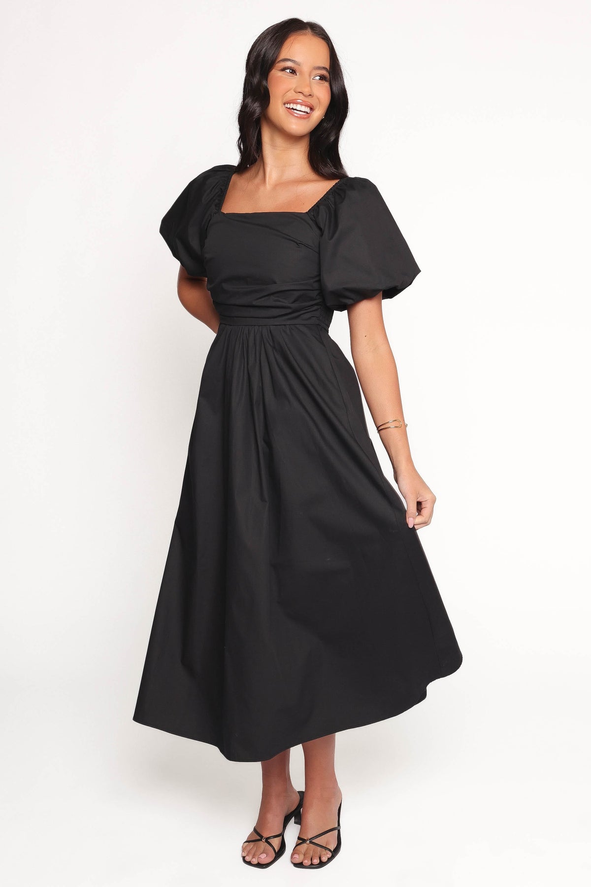 Clo Puff Sleeve Midi Dress - Black