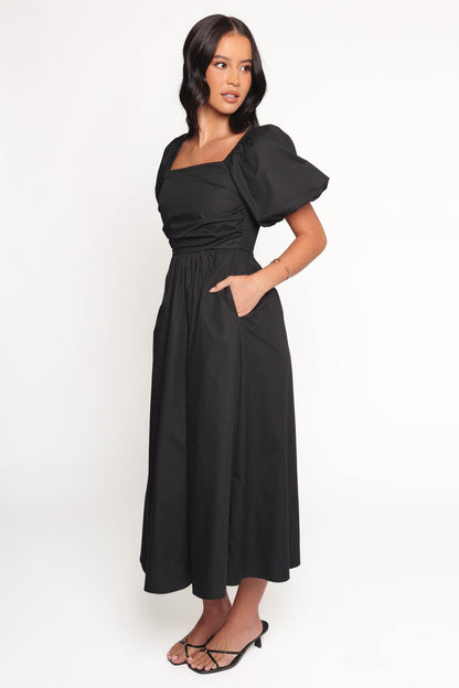 Clo Puff Sleeve Midi Dress - Black