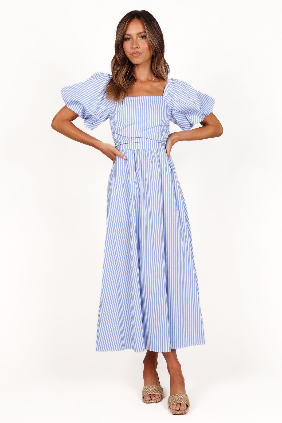 Clo Puff Sleeve Midi Dress - Blue Stripe