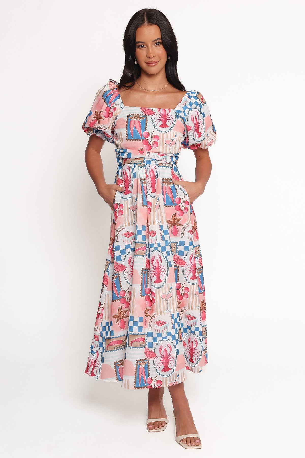 Clo Puff Sleeve Midi Dress - Pink Blue