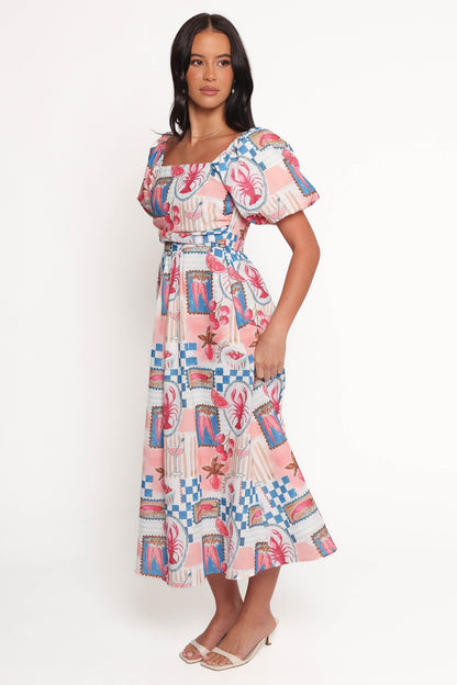 Clo Puff Sleeve Midi Dress - Pink Blue