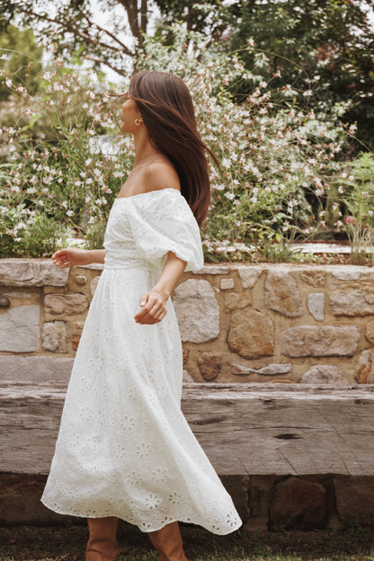 Clo Puff Sleeve Midi Dress - White Broderie