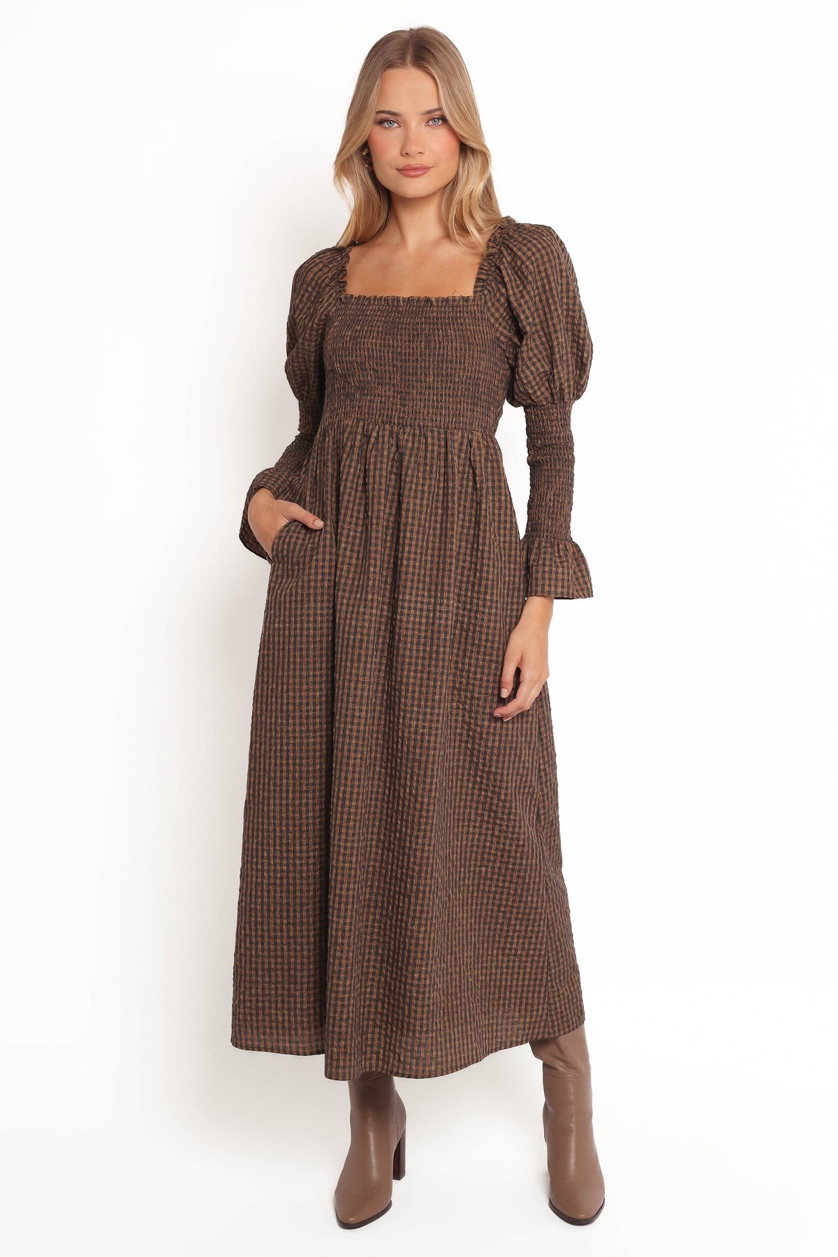 Cyrena Maxi Dress - Brown Check