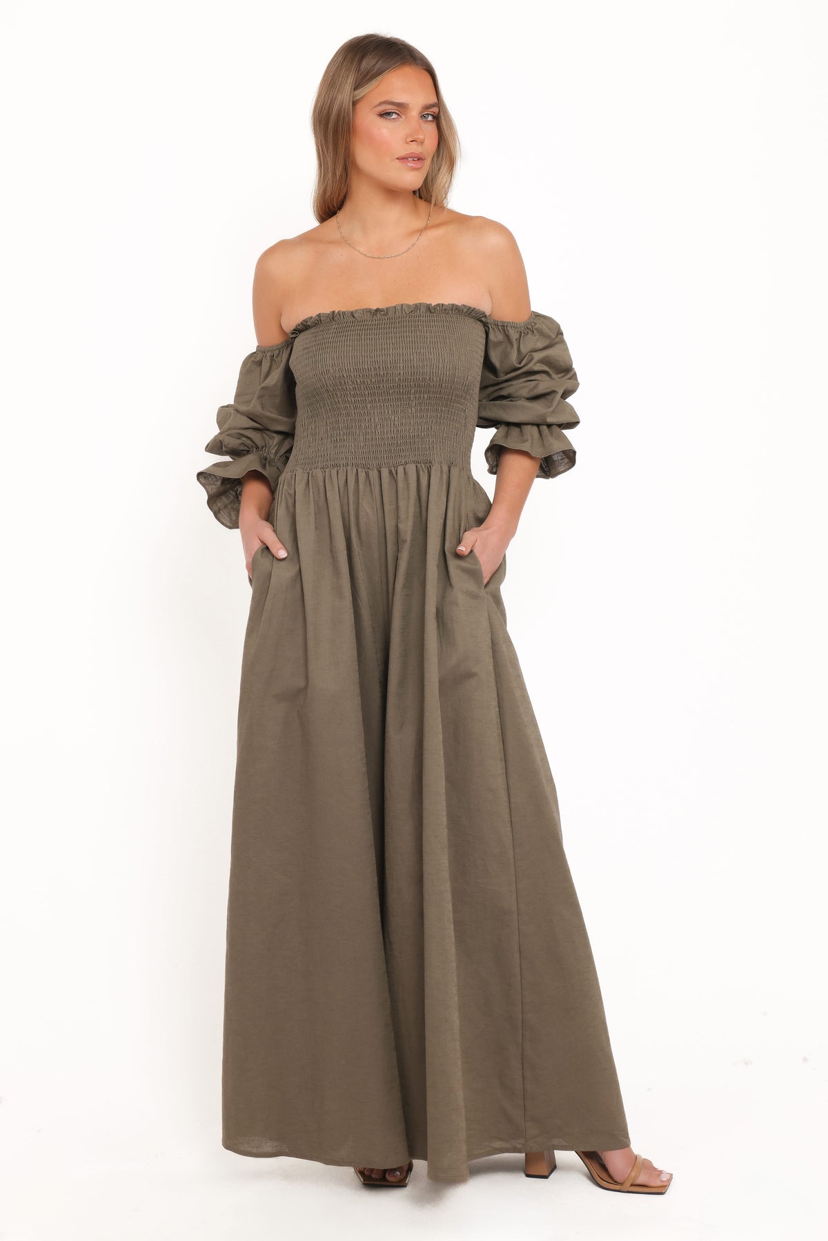 Domenica Shirred Long Sleeve Jumpsuit - Olive