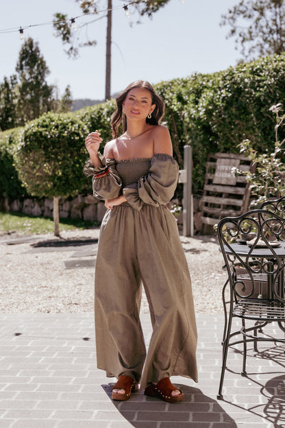 Domenica Shirred Long Sleeve Jumpsuit - Olive