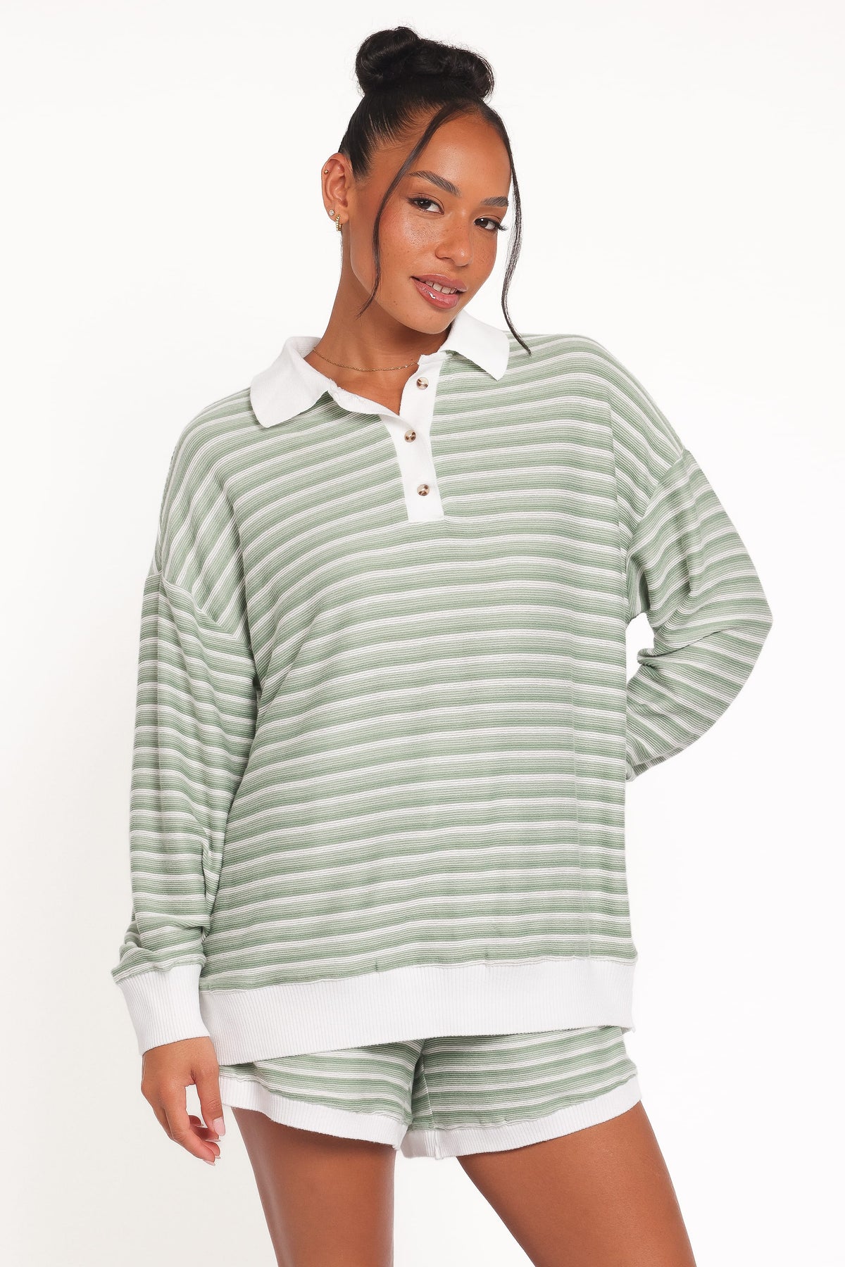 Dealia Knit Short Set - Sage Stripe