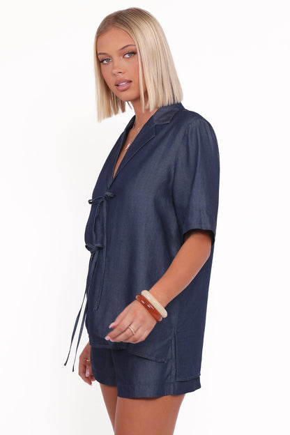 Aaliyah Chambray Tie Front Top - Dark Wash