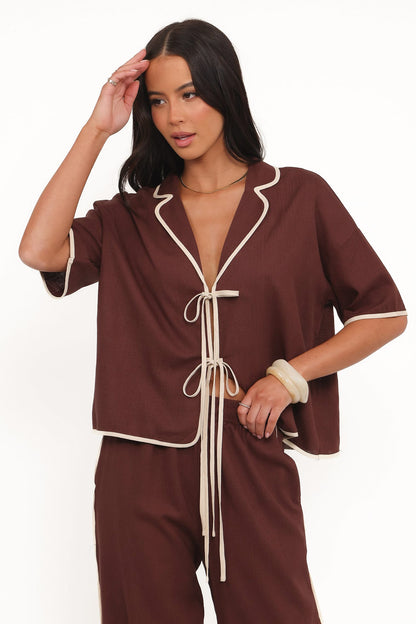 Dalton Tie Top - Brown Cream