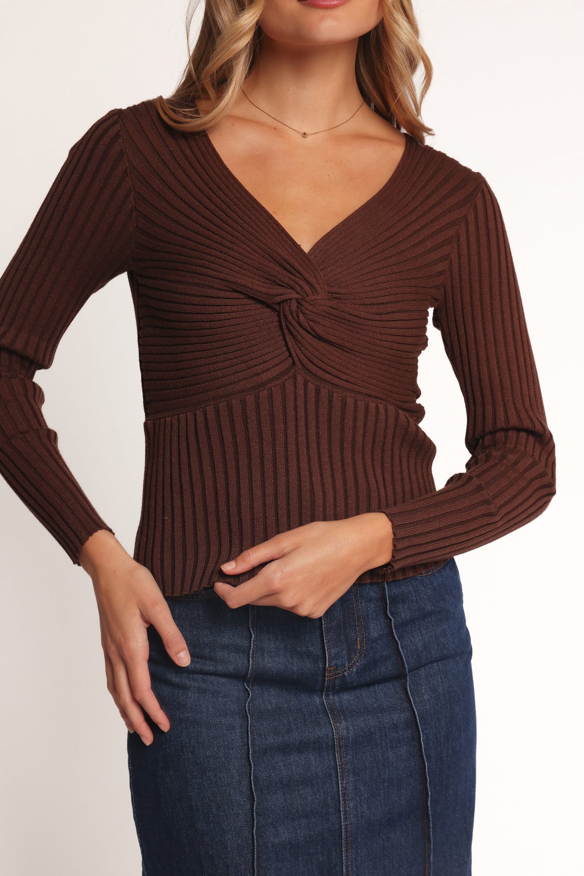 Demi Twist Detail Knit Top - Brown
