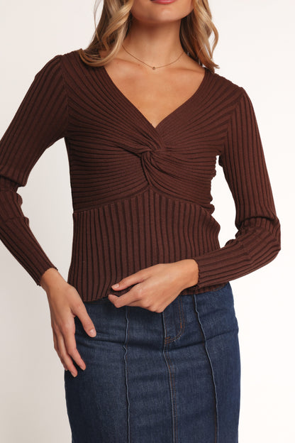 Demi Twist Detail Knit Top - Brown