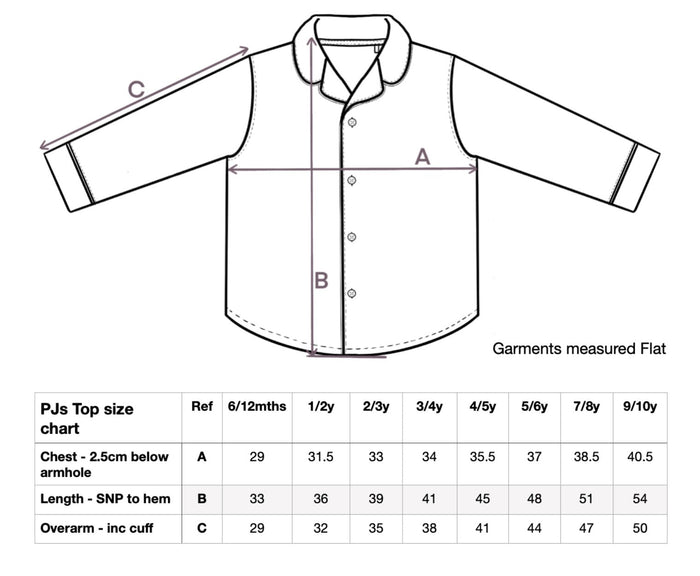 Pyjama top size chart with shirt sketch and garment measurements table