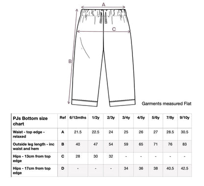 Pyjama bottom size chart with shorts sketch and waist/leg-length table