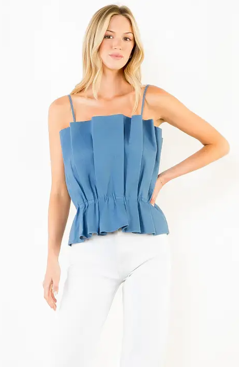 Pleated Cinched Denim Tank Tops in XS at Wrapsody