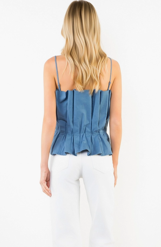 Pleated Cinched Denim Tank Tops in at Wrapsody