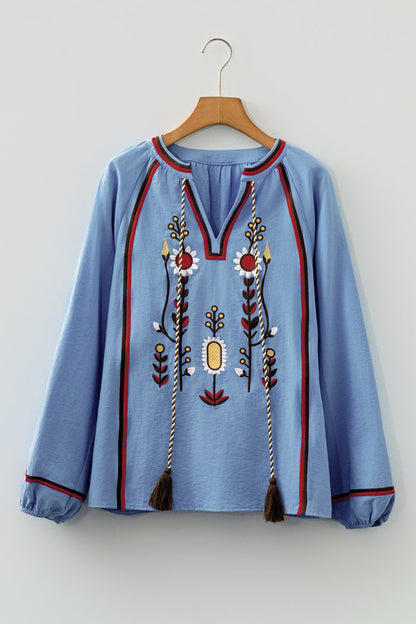 Real Teal Floral Embroidered Split Neck Tassel Tie Puff Sleeve Blouse 🇺🇸