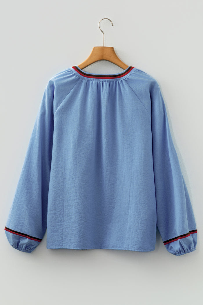 Real Teal Floral Embroidered Split Neck Tassel Tie Puff Sleeve Blouse 🇺🇸