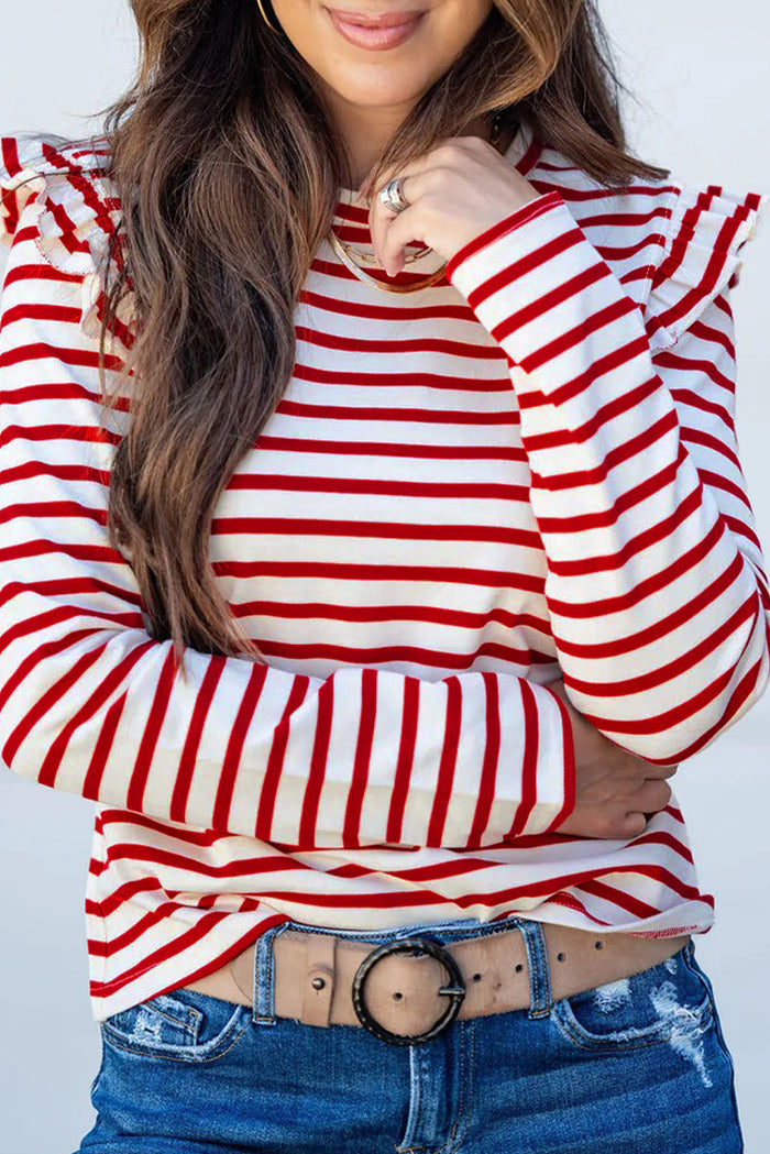 Red Stripe Round Neck Ruffle Trim Long Sleeve Top 🇺🇸