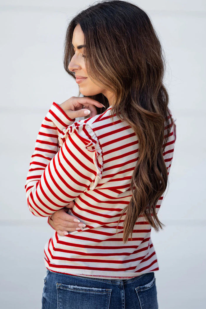 Red Stripe Round Neck Ruffle Trim Long Sleeve Top 🇺🇸