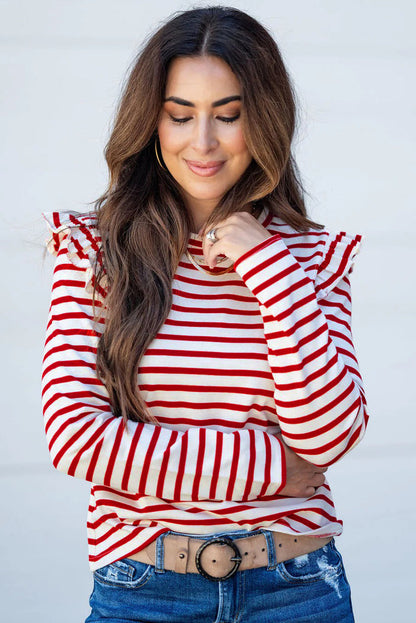 Red Stripe Round Neck Ruffle Trim Long Sleeve Top 🇺🇸