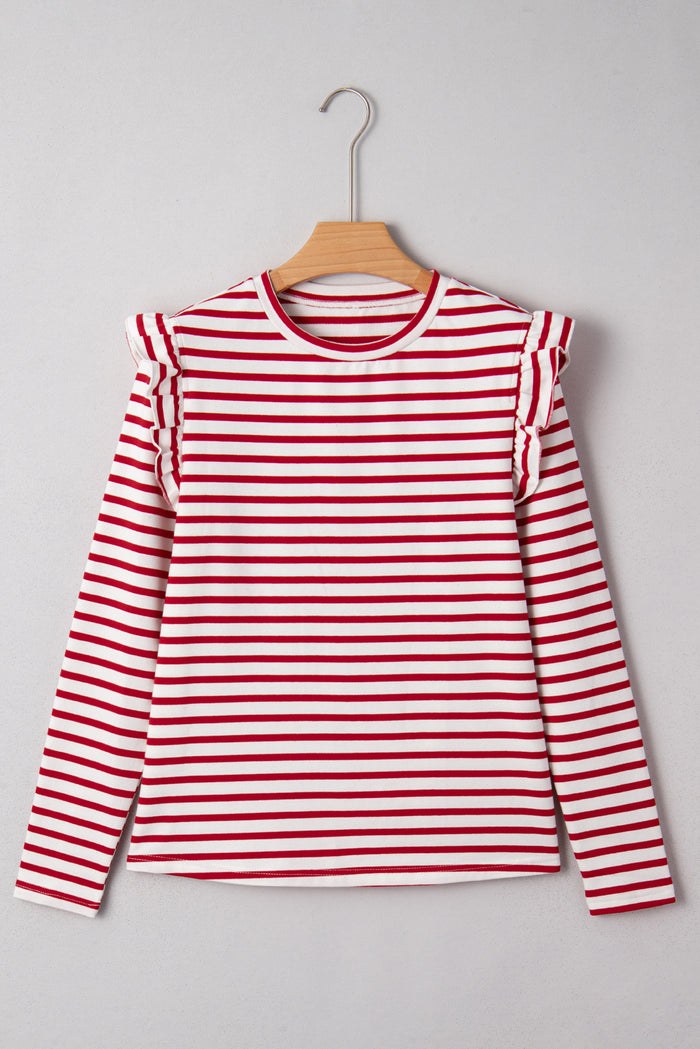 Red Stripe Round Neck Ruffle Trim Long Sleeve Top 🇺🇸