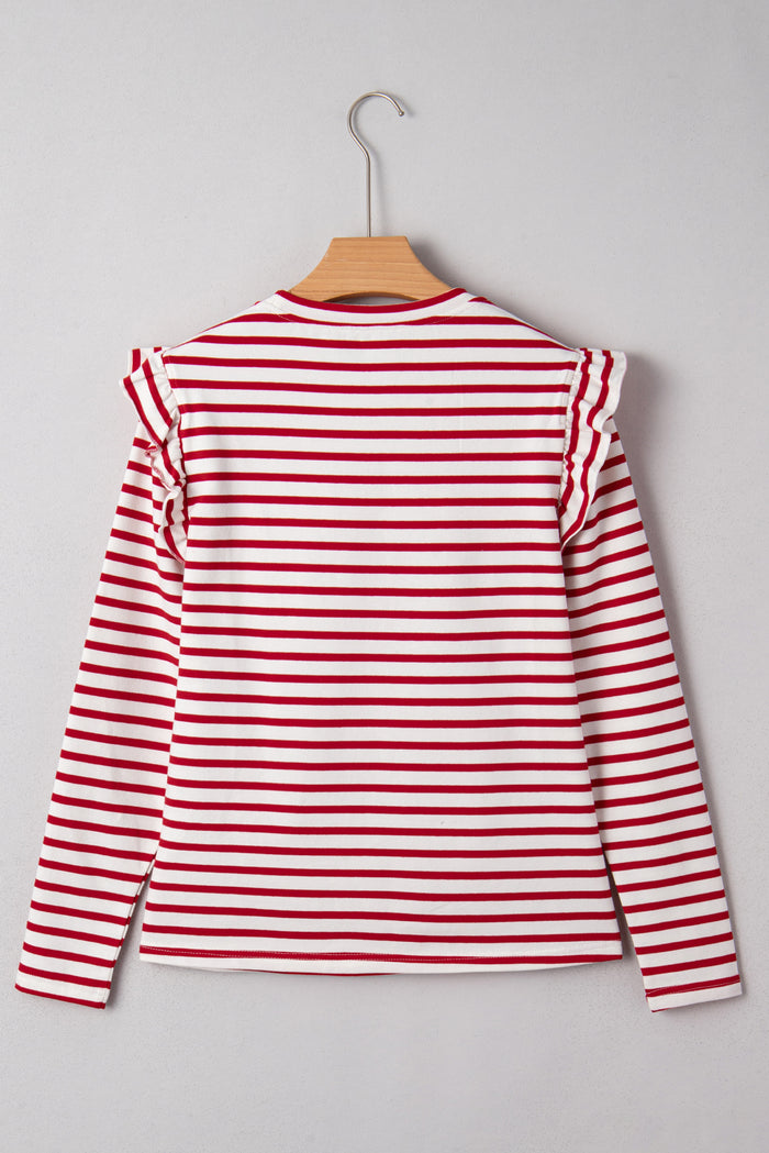 Red Stripe Round Neck Ruffle Trim Long Sleeve Top 🇺🇸