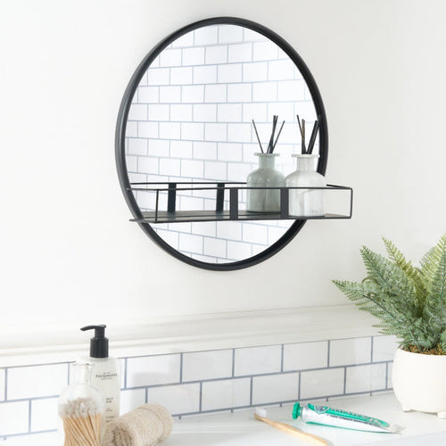 Round Mirror with Shelf - Black 🇬🇧
