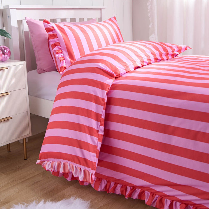 Stripe Frill Duvet Cover Set, Pink/Red 🇬🇧
