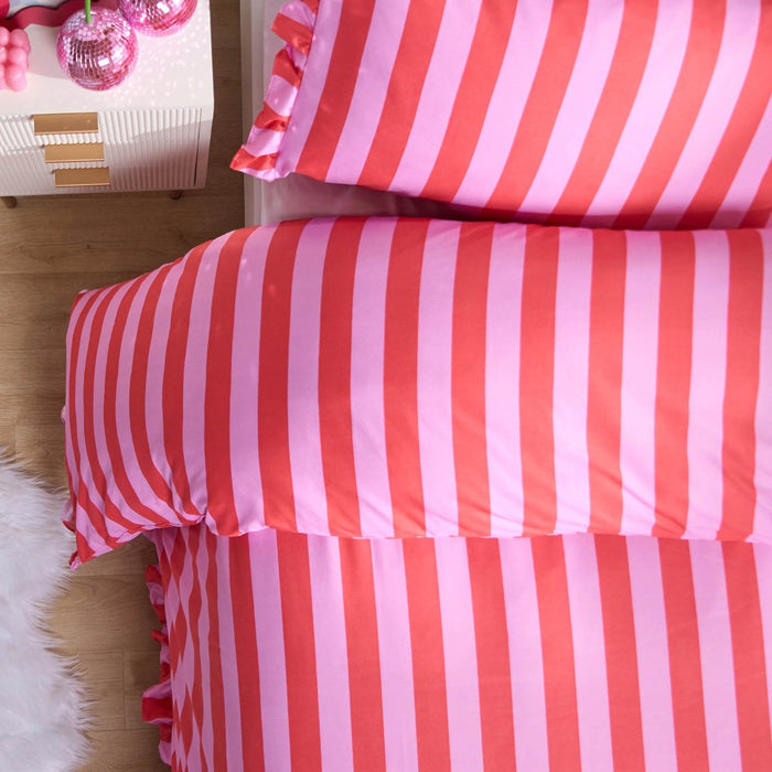 Stripe Frill Duvet Cover Set, Pink/Red 🇬🇧